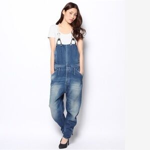 G-Star Women Raw Denim Overalls Small Tapered Leg Medium Wash Blue Fisherman